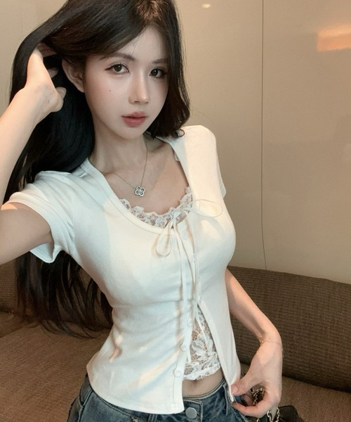 Dormiir(ドルミール)の「【Dormiir】レースレイヤード風半袖トップス / カットソー(Tシャツ/カットソー・レディース・ホワイト/ブラック/グレー・FREE)」の21枚目の写真