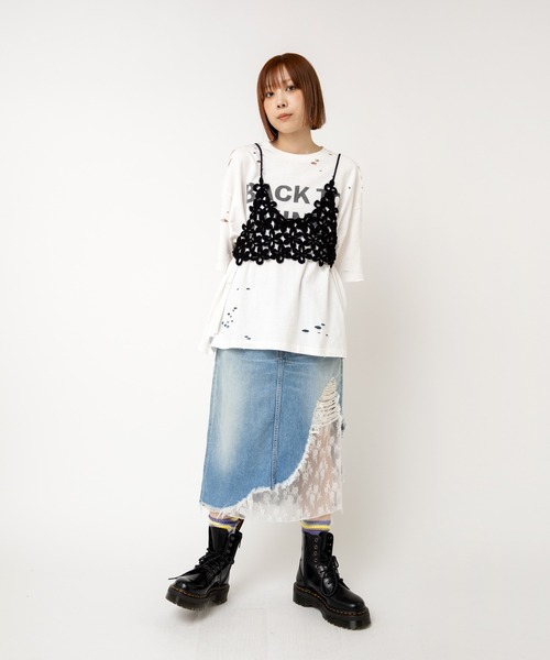 RNA（アールエヌエー）の「G1095 デザインダメージレイヤードスカート（デニムスカート・レディース・ブラック/インディゴブルー・MEDIUM）」の8枚目の写真