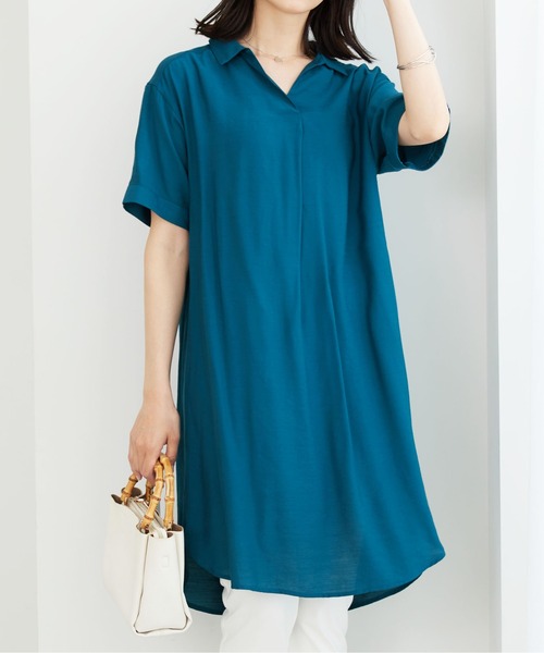 BELLUNA PLUS（ベルーナ）の「レーヨンナイロン素材シャツワンピース（ワンピース・レディース・ターコイズブルー/ネイビー/ローズ・MEDIUM/LARGE）」の3枚目の写真