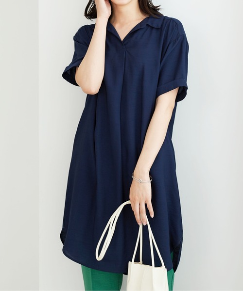 BELLUNA PLUS（ベルーナ）の「レーヨンナイロン素材シャツワンピース（ワンピース・レディース・ターコイズブルー/ネイビー/ローズ・MEDIUM/LARGE）」の4枚目の写真