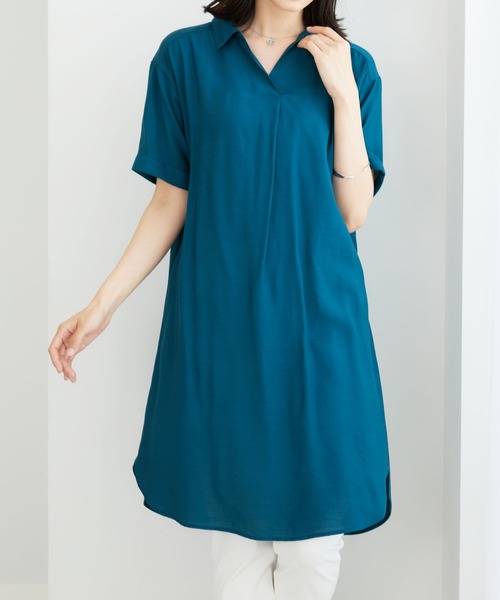 BELLUNA PLUS（ベルーナ）の「レーヨンナイロン素材シャツワンピース（ワンピース・レディース・ターコイズブルー/ネイビー/ローズ・MEDIUM/LARGE）」の6枚目の写真