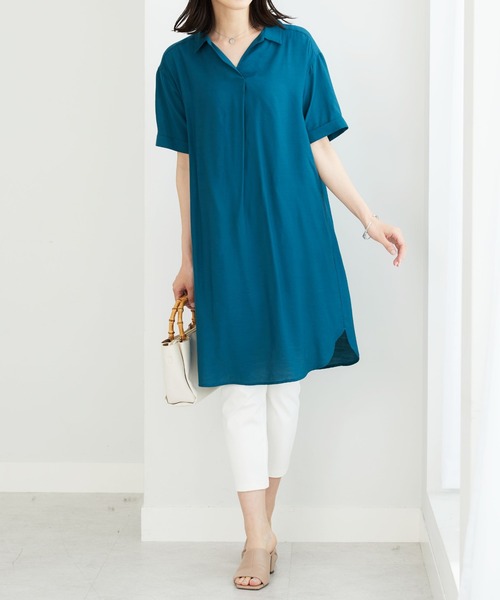 BELLUNA PLUS（ベルーナ）の「レーヨンナイロン素材シャツワンピース（ワンピース・レディース・ターコイズブルー/ネイビー/ローズ・MEDIUM/LARGE）」の7枚目の写真