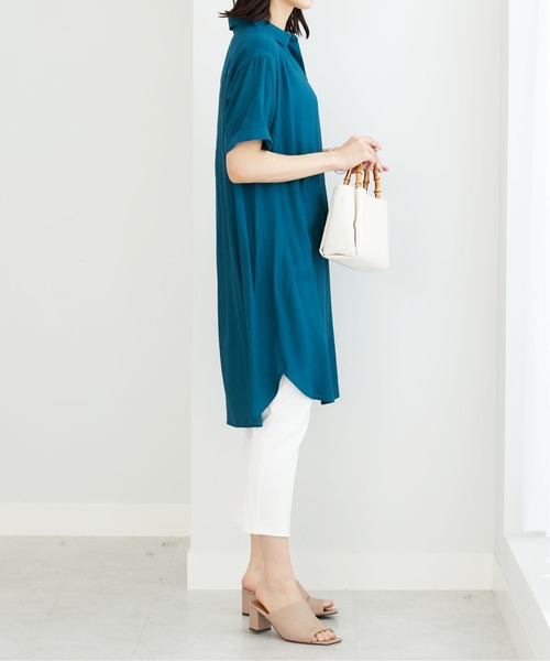 BELLUNA PLUS（ベルーナ）の「レーヨンナイロン素材シャツワンピース（ワンピース・レディース・ターコイズブルー/ネイビー/ローズ・MEDIUM/LARGE）」の8枚目の写真