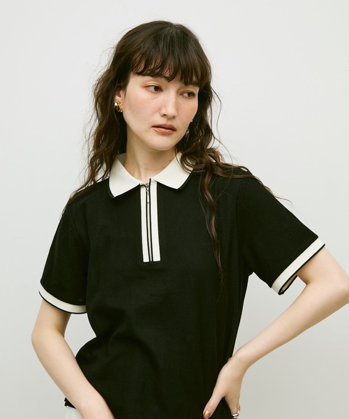 売れ筋商品|||オベイ Tシャツ レディース トップス OLGA  - Polo shirt - evening blue セール】Line polo zip t-shirt / ラインポロジップTシャツ（T