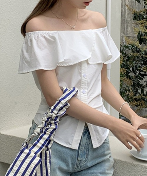 Lace Ladies(レースレディース)の「フリル フロントボタン タック オフショル ブラウス(シャツ/ブラウス・レディース・イエロー/パープル/ホワイト/ブルー・M)」の9枚目の写真