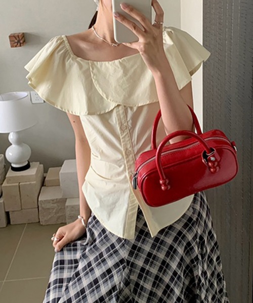 Lace Ladies(レースレディース)の「フリル フロントボタン タック オフショル ブラウス(シャツ/ブラウス・レディース・イエロー/パープル/ホワイト/ブルー・M)」の12枚目の写真