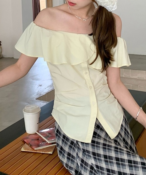 Lace Ladies(レースレディース)の「フリル フロントボタン タック オフショル ブラウス(シャツ/ブラウス・レディース・イエロー/パープル/ホワイト/ブルー・M)」の14枚目の写真