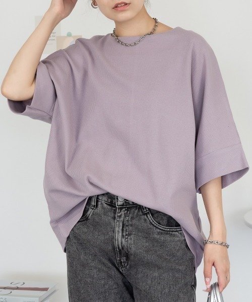 RCD(アールシーディー)の「コットンワッフル7分袖ドルマンTシャツ(Tシャツ/カットソー・レディース・ブラック/パープル/ネイビー/ホワイト/杢グレー/チャコールグレー・M-L/LL~3L/4L~5L)」の6枚目の写真