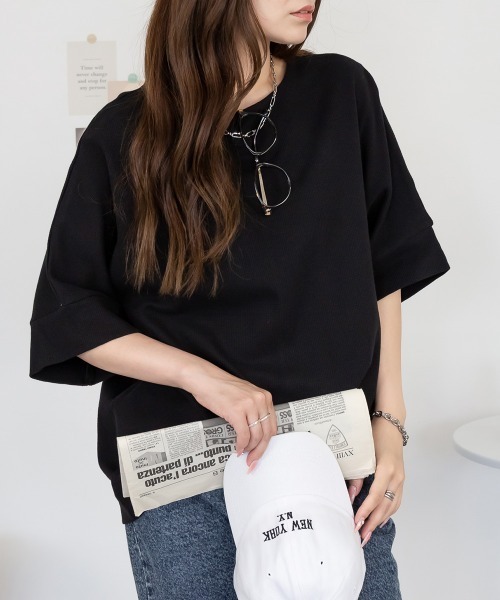 RCD(アールシーディー)の「コットンワッフル7分袖ドルマンTシャツ(Tシャツ/カットソー・レディース・ブラック/パープル/ネイビー/ホワイト/杢グレー/チャコールグレー・M-L/LL~3L/4L~5L)」の1枚目の写真