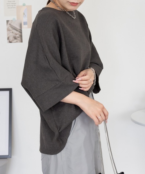 RCD(アールシーディー)の「コットンワッフル7分袖ドルマンTシャツ(Tシャツ/カットソー・レディース・ブラック/パープル/ネイビー/ホワイト/杢グレー/チャコールグレー・M-L/LL~3L/4L~5L)」の9枚目の写真