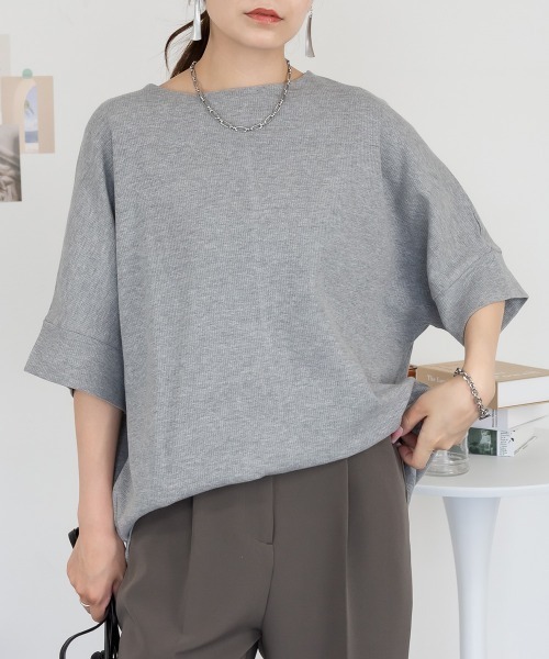 RCD(アールシーディー)の「コットンワッフル7分袖ドルマンTシャツ(Tシャツ/カットソー・レディース・ブラック/パープル/ネイビー/ホワイト/杢グレー/チャコールグレー・M-L/LL~3L/4L~5L)」の14枚目の写真