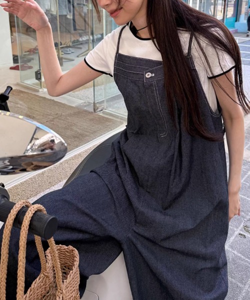 Aelina(エリナ)の「デニムサロペット(つなぎ/オールインワン・レディース・ブルー/ベージュ・F)」の5枚目の写真
