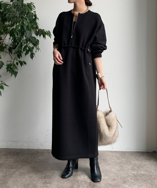 DouDou（ドゥドゥ）の「袖異素材切替ダンボールワンピース（ワンピース・レディース・ダークグレー/ブラック/ライトベージュ・FREE）」の4枚目の写真