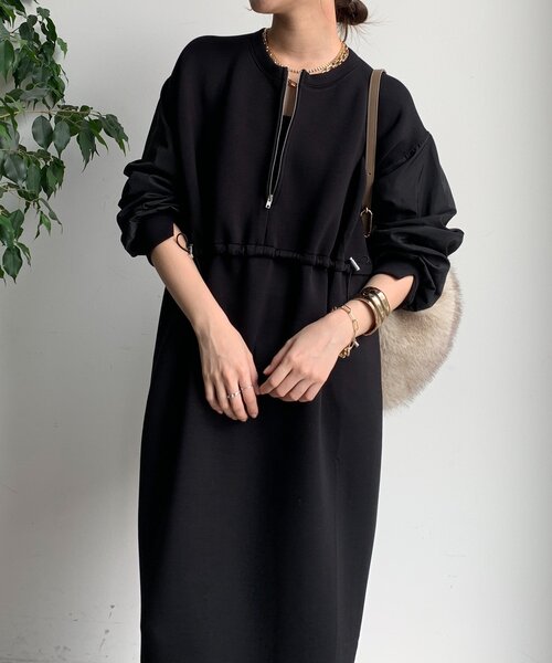 DouDou（ドゥドゥ）の「袖異素材切替ダンボールワンピース（ワンピース・レディース・ダークグレー/ブラック/ライトベージュ・FREE）」の9枚目の写真