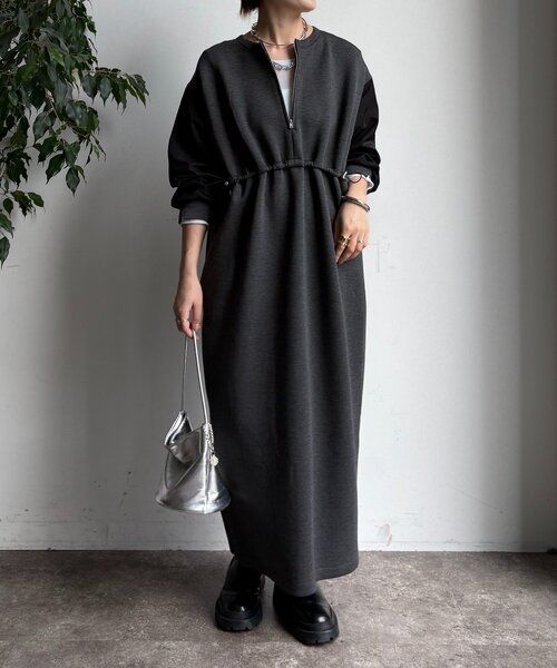 DouDou（ドゥドゥ）の「袖異素材切替ダンボールワンピース（ワンピース・レディース・ダークグレー/ブラック/ライトベージュ・FREE）」の13枚目の写真
