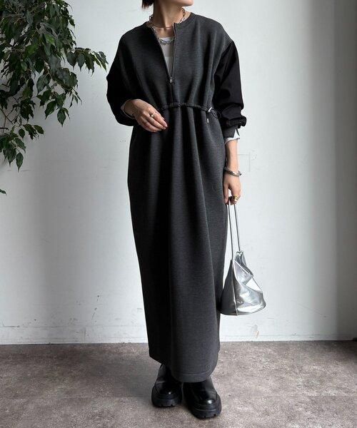 DouDou（ドゥドゥ）の「袖異素材切替ダンボールワンピース（ワンピース・レディース・ダークグレー/ブラック/ライトベージュ・FREE）」の14枚目の写真