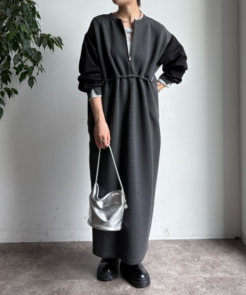 DouDou（ドゥドゥ）の「袖異素材切替ダンボールワンピース（ワンピース・レディース・ダークグレー/ブラック/ライトベージュ・FREE）」の15枚目の写真