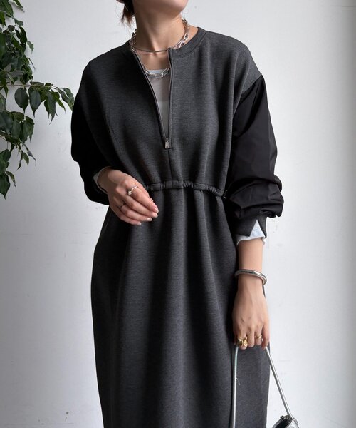 DouDou（ドゥドゥ）の「袖異素材切替ダンボールワンピース（ワンピース・レディース・ダークグレー/ブラック/ライトベージュ・FREE）」の19枚目の写真