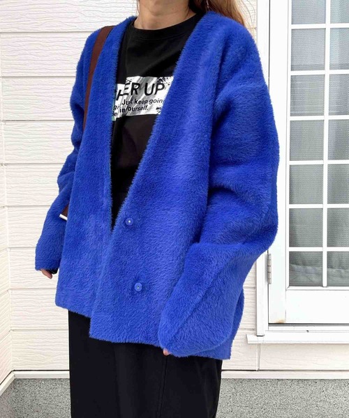 Q（キュー）の「シャギーVネックWフェイスカーデ（カーディガン/ボレロ・レディース・グレイッシュベージュ/ブルー・MEDIUM）」の15枚目の写真