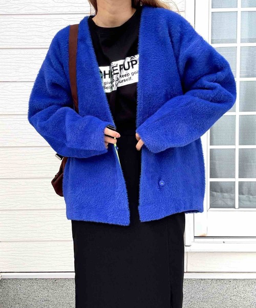 Q（キュー）の「シャギーVネックWフェイスカーデ（カーディガン/ボレロ・レディース・グレイッシュベージュ/ブルー・MEDIUM）」の14枚目の写真