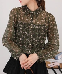 小花柄 裾シャーリング クロップド丈 長袖ブラウス