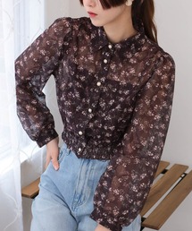 小花柄 裾シャーリング クロップド丈 長袖ブラウス