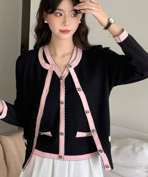 セール】【2点セット】韓国風可愛い配色ニットカーディガン＋ベスト/25