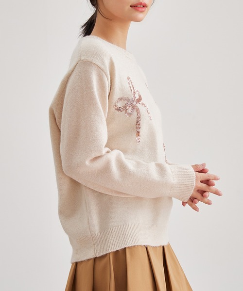 Lace Ladies(レースレディース)の「クルーネック リボン スパンコール ニット プルオーバー(ニット/セーター・レディース・アイボリー/グレー・FREE)」の16枚目の写真