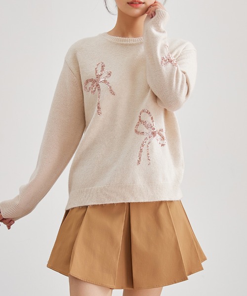 Lace Ladies(レースレディース)の「クルーネック リボン スパンコール ニット プルオーバー(ニット/セーター・レディース・アイボリー/グレー・FREE)」の15枚目の写真