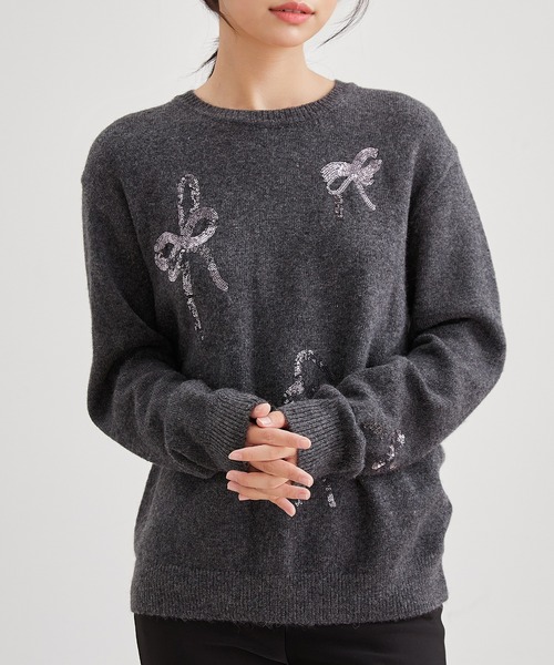 Lace Ladies(レースレディース)の「クルーネック リボン スパンコール ニット プルオーバー(ニット/セーター・レディース・アイボリー/グレー・FREE)」の21枚目の写真