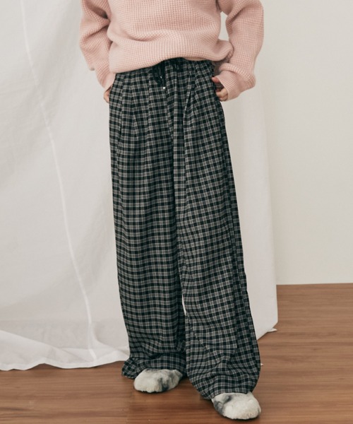 セール】【ウエスト総ゴム】ウールタッチギンガムチェックワイドパンツ