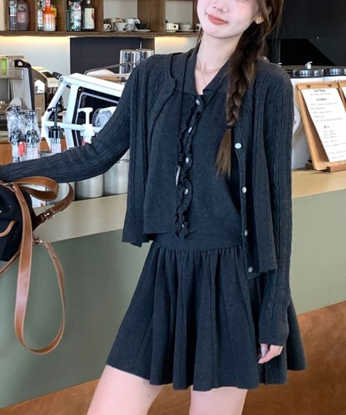 セール】【秋冬上下3点セット】韓国トレンガーリーカレッジ風ケーブル