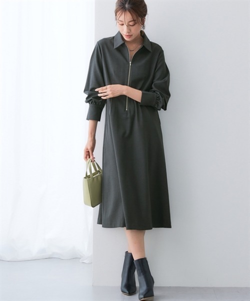 あったか裏起毛】襟付きフロントジップタックワンピース（しわになり