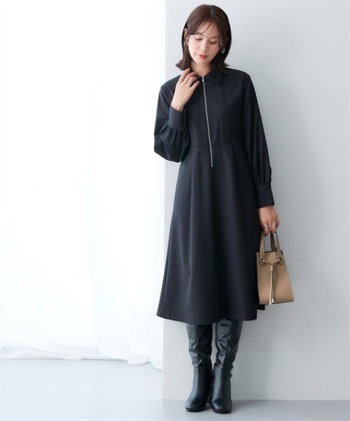 あったか裏起毛】襟付きフロントジップタックワンピース（しわになり