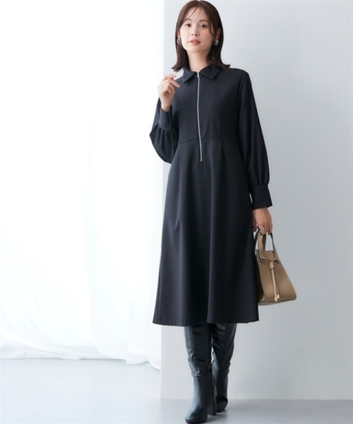 あったか裏起毛】襟付きフロントジップタックワンピース（しわになり