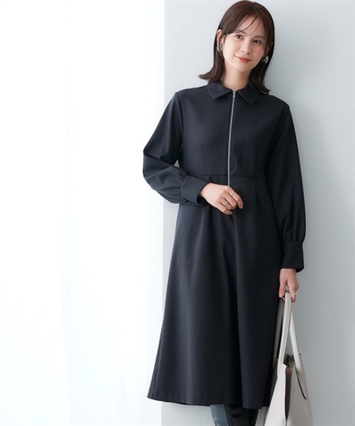 あったか裏起毛】襟付きフロントジップタックワンピース（しわになり
