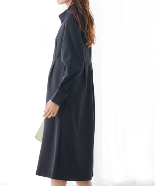 ワンワン様 あったか裏起毛】襟付きフロントジップタックワンピース（しわになり