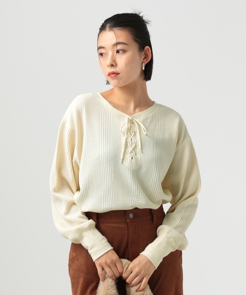 BAYFLOW（ベイフロー）の「[前後2WAY仕様]ワッフルプルオーバー（Tシャツ/カットソー・レディース・オフホワイト/チャコール/マスタード・FREE）」の6枚目の写真