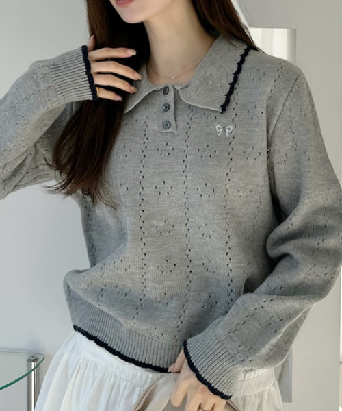 セール】リボン 刺繍 スカラップ カラー 配色 ニット（ニット/セーター