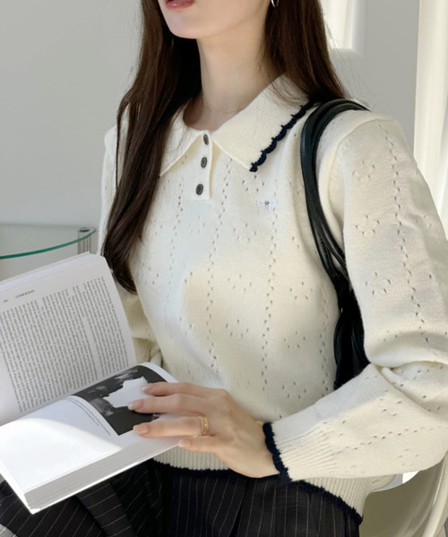 Ada.(エイダ)の「リボン 刺繍 スカラップ カラー 配色 ニット(ニット/セーター・レディース・グレー/アイボリー/ネイビー・FREE)」の2枚目の写真