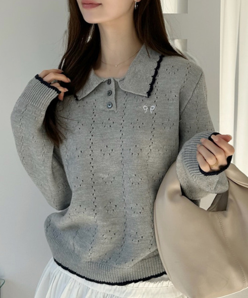 Ada.(エイダ)の「リボン 刺繍 スカラップ カラー 配色 ニット(ニット/セーター・レディース・グレー/アイボリー/ネイビー・FREE)」の10枚目の写真