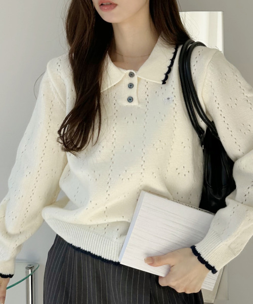 Ada.(エイダ)の「リボン 刺繍 スカラップ カラー 配色 ニット(ニット/セーター・レディース・グレー/アイボリー/ネイビー・FREE)」の5枚目の写真
