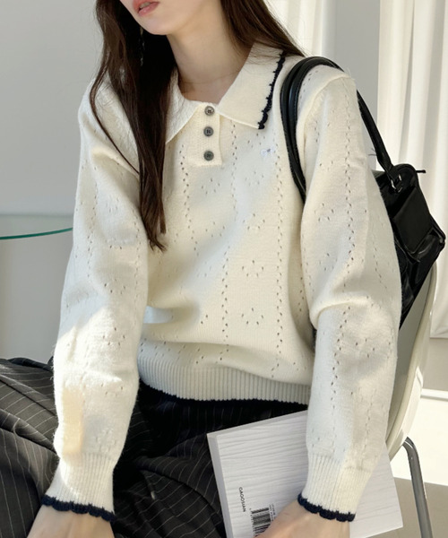Ada.(エイダ)の「リボン 刺繍 スカラップ カラー 配色 ニット(ニット/セーター・レディース・グレー/アイボリー/ネイビー・FREE)」の14枚目の写真