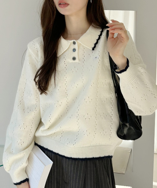 Ada.(エイダ)の「リボン 刺繍 スカラップ カラー 配色 ニット(ニット/セーター・レディース・グレー/アイボリー/ネイビー・FREE)」の15枚目の写真