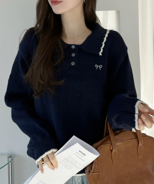 Ada.(エイダ)の「リボン 刺繍 スカラップ カラー 配色 ニット(ニット/セーター・レディース・グレー/アイボリー/ネイビー・FREE)」の16枚目の写真