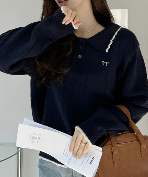 Ada.(エイダ)の「リボン 刺繍 スカラップ カラー 配色 ニット(ニット/セーター・レディース・グレー/アイボリー/ネイビー・FREE)」の8枚目の写真