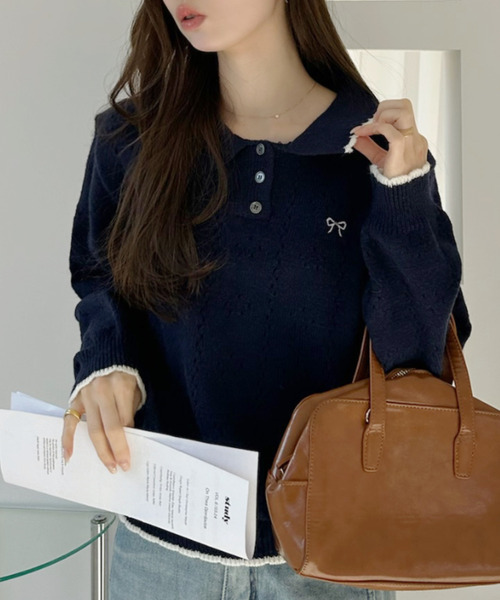 Ada.(エイダ)の「リボン 刺繍 スカラップ カラー 配色 ニット(ニット/セーター・レディース・グレー/アイボリー/ネイビー・FREE)」の21枚目の写真