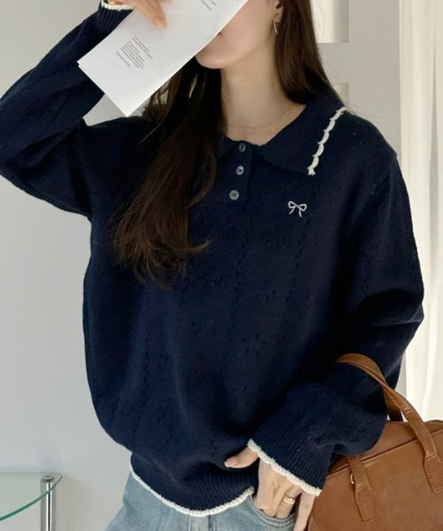 Ada.(エイダ)の「リボン 刺繍 スカラップ カラー 配色 ニット(ニット/セーター・レディース・グレー/アイボリー/ネイビー・FREE)」の17枚目の写真