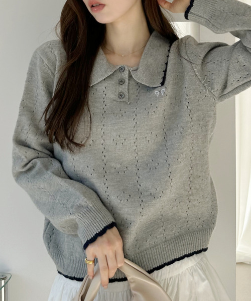 Ada.(エイダ)の「リボン 刺繍 スカラップ カラー 配色 ニット(ニット/セーター・レディース・グレー/アイボリー/ネイビー・FREE)」の11枚目の写真
