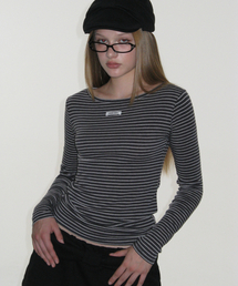 CRANK | ストライプベーシックボートネックトップ_チャコール(Tシャツ/カットソー)